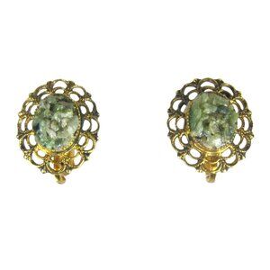 Vintage Gold Tone Clip On Earrings Faux Jade Chip Oval Filigree 1950s 1960s